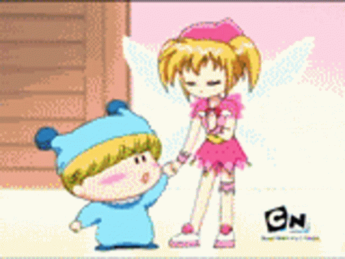 A Cartoon Of A Boy And A Girl Holding Hands With Cn On The Bottom GIF