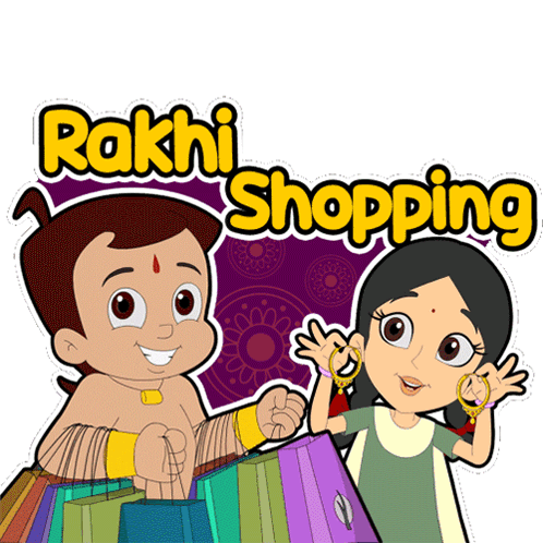 A Cartoon Of A Boy And A Girl Holding Shopping Bags With The Words " Rakhi Shopping " Below Them GIF