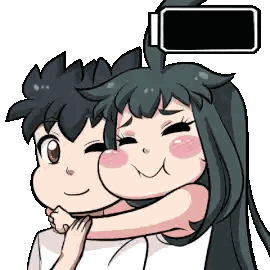 a cartoon of a boy and a girl hugging each other with a battery in the background