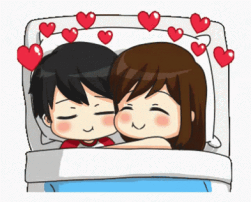 A Cartoon Of A Boy And A Girl Hugging In Bed GIF
