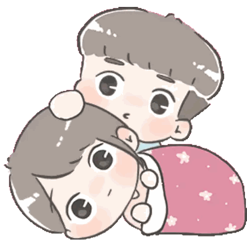 a cartoon of a boy and a girl hugging with a heart in the background