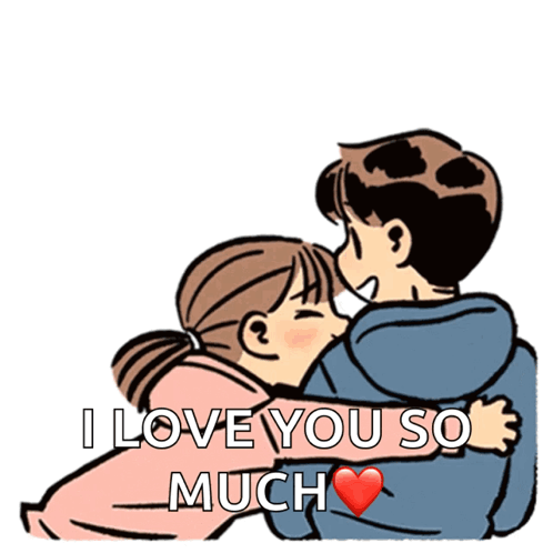 A Cartoon Of A Boy And A Girl Hugging With The Words I Love You So Much Above Them GIF