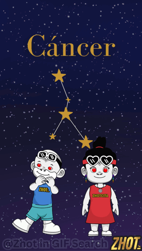 A Cartoon Of A Boy And A Girl In Front Of A Constellation Called Cancer GIF