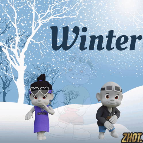 A Cartoon Of A Boy And A Girl In The Snow With The Word Winter Above Them GIF