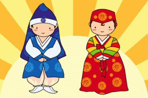 A Cartoon Of A Boy And A Girl In Traditional Clothes GIF