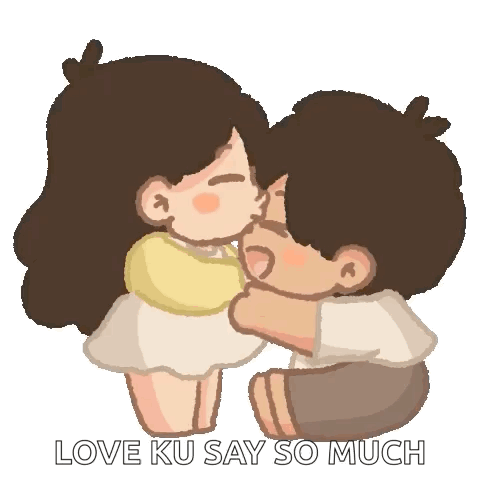 A Cartoon Of A Boy And A Girl Kissing With The Words Love Ku Say So Much Written Below Them GIF