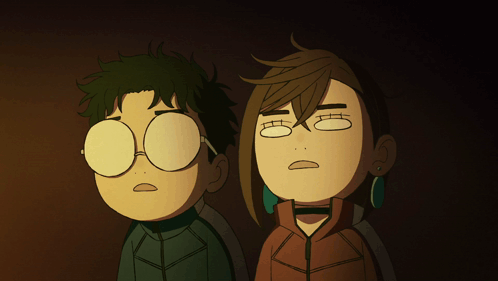 A Cartoon Of A Boy And A Girl Looking Up GIF