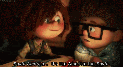 A Cartoon Of A Boy And A Girl Saying South America Is Like America But South GIF