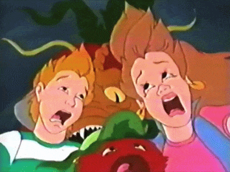 A Cartoon Of A Boy And A Girl Screaming With A Monster In The Background GIF