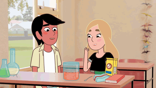 A Cartoon Of A Boy And A Girl Sitting At A Table With A Bag Of Cornflakes On It GIF
