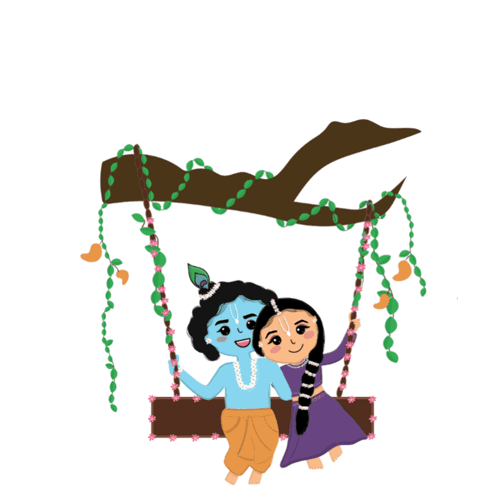 A Cartoon Of A Boy And A Girl Sitting On A Swing With The Words Radha Krishna Above Them GIF