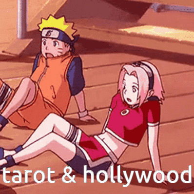 A Cartoon Of A Boy And A Girl Sitting On A Wooden Floor With The Words Tarot And Hollywood Below Them GIF
