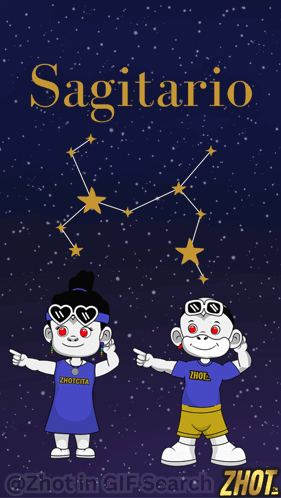 A Cartoon Of A Boy And A Girl Standing In Front Of A Constellation Called Sagittarius GIF