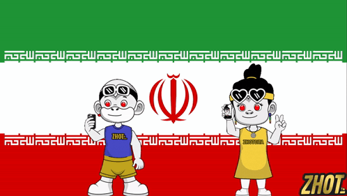 A Cartoon Of A Boy And A Girl Standing In Front Of A Flag With The Word Zhout On The Bottom GIF