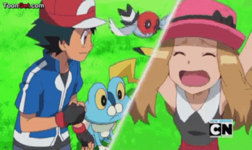 a cartoon of a boy and a girl standing next to each other with a pokemon in the background .