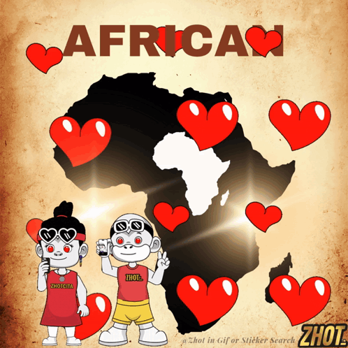 a cartoon of a boy and a girl surrounded by hearts with the word africa written above them