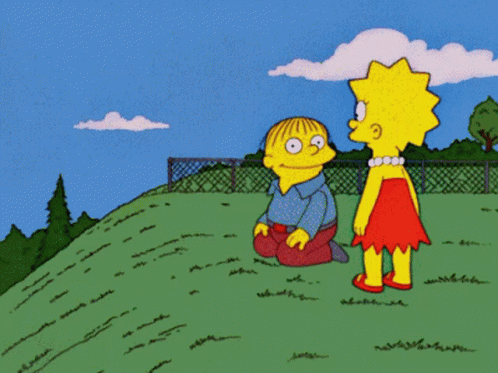 A Cartoon Of A Boy And A Girl Talking In A Field GIF