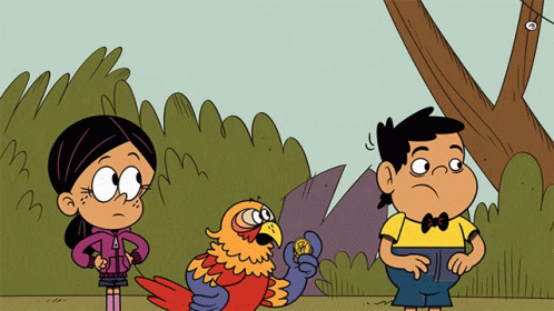 A Cartoon Of A Boy And A Girl With A Parrot GIF
