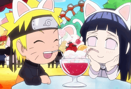 A Cartoon Of A Boy And A Girl With Cat Ears Drinking From A Cup GIF