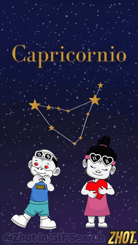 A Cartoon Of A Boy And A Girl With The Constellation Capricornio GIF