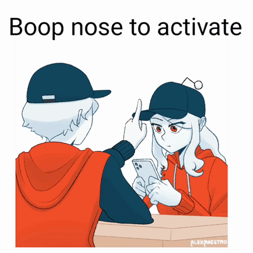A Cartoon Of A Boy And A Girl With The Words Boop Nose To Activate GIF