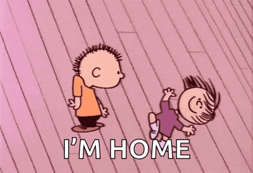 A Cartoon Of A Boy And A Girl With The Words I 'M Home Above Them GIF