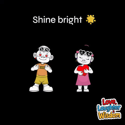 a cartoon of a boy and a girl with the words love laughter wisdom written below them