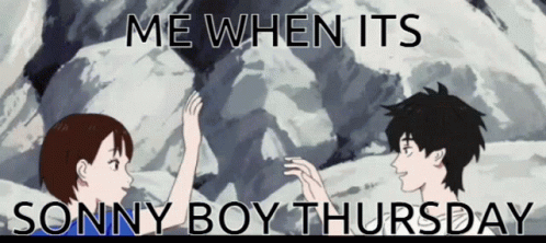 A Cartoon Of A Boy And A Girl With The Words Me When Its Sonny Boy Thursday GIF