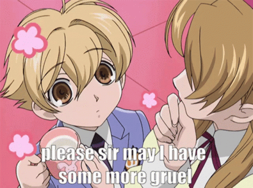 A Cartoon Of A Boy And A Girl With The Words Please Sir May I Have Some More Gruel GIF