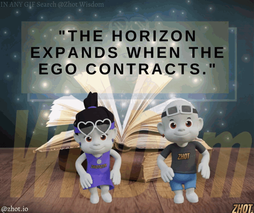 A Cartoon Of A Boy And A Girl With The Words " The Horizon Expands When The Ego Contracts " On The Bottom GIF