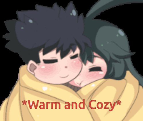 A Cartoon Of A Boy And A Girl Wrapped In A Blanket With The Words Warm And Cozy Above Them GIF
