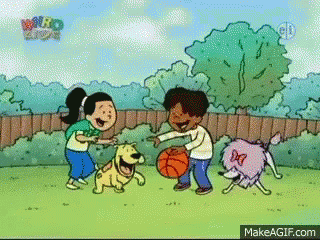 A Cartoon Of A Boy And Two Girls Playing Basketball With A Dog GIF