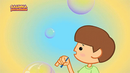 A Cartoon Of A Boy Blowing Soap Bubbles With The Words Galinha Pintadinha On The Bottom Right GIF