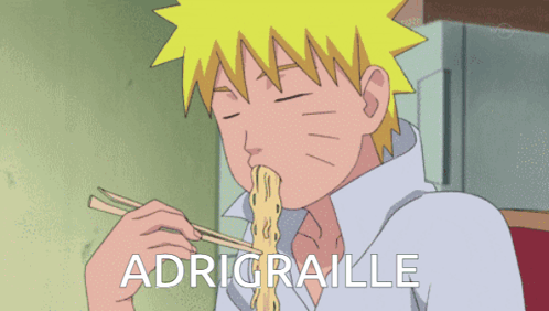A Cartoon Of A Boy Eating Noodles With Chopsticks And The Word Adrigraille Written Below Him GIF