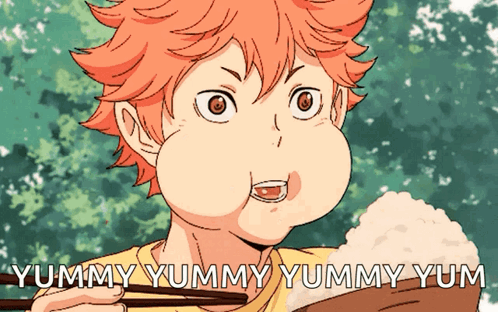 A Cartoon Of A Boy Eating Rice With Chopsticks And The Words " Yummy Yummy Yummy Yum " Below Him GIF