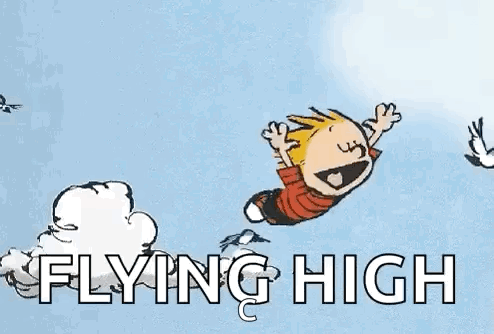 A Cartoon Of A Boy Flying Through The Air With The Words `` Flying High '' Written Below Him . GIF