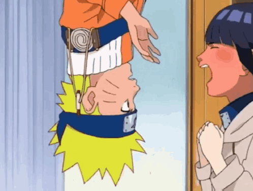 A Cartoon Of A Boy Hanging Upside Down With A Girl Behind Him GIF