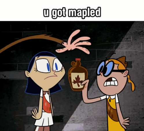 a cartoon of a boy holding a bottle of maple syrup with the caption u got mapled