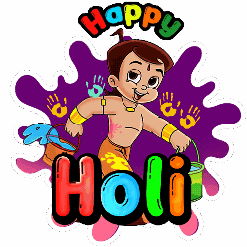 A Cartoon Of A Boy Holding A Bucket With The Words Happy Holi Behind Him GIF