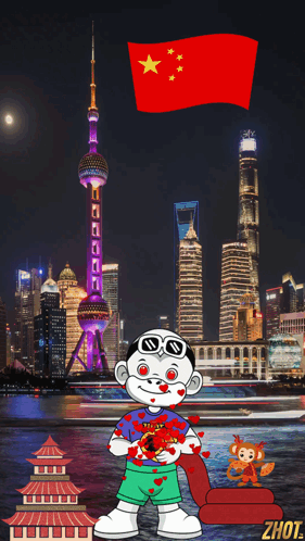 A Cartoon Of A Boy Holding A Chinese Flag In Front Of A City GIF