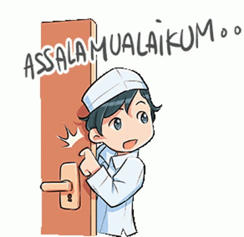 A Cartoon Of A Boy Holding A Door With The Words " Assalamualaikum " On It GIF