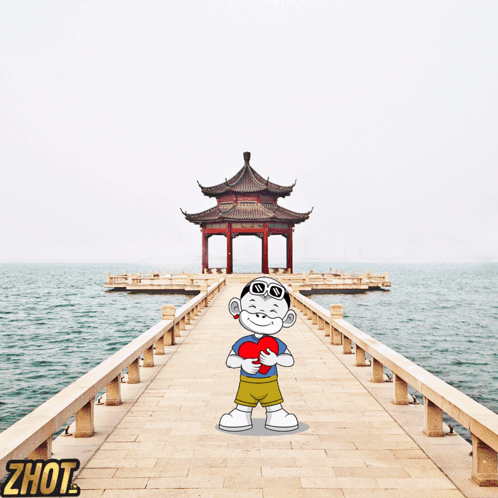 A Cartoon Of A Boy Holding A Heart In Front Of A Pagoda And The Word Zhout Below Him GIF