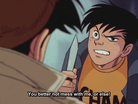 A Cartoon Of A Boy Holding A Knife With The Words " You Better Not Mess With Me Or Else " Below Him GIF