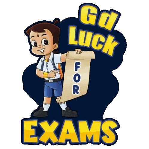 a cartoon of a boy holding a piece of paper that says go luck for exams