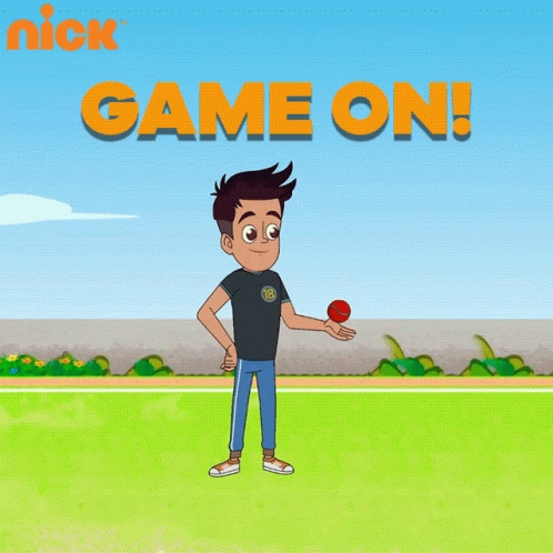 a cartoon of a boy holding a red ball with the words game on above him