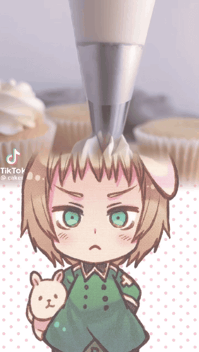 A Cartoon Of A Boy Holding A Stuffed Animal With A Cupcake In The Background And A Tiktok Logo In The Corner GIF