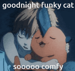 A Cartoon Of A Boy Hugging A Cat That Says Goodnight Funky Cat GIF