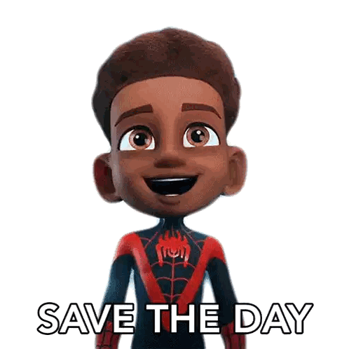 a cartoon of a boy in a spider man suit says save the day