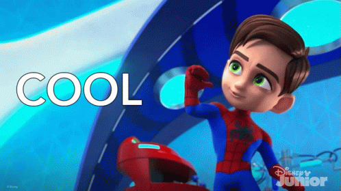 A Cartoon Of A Boy In A Spiderman Costume With The Word Cool Above Him GIF