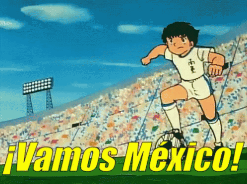 a cartoon of a boy kicking a soccer ball with the words vamos mexico behind him